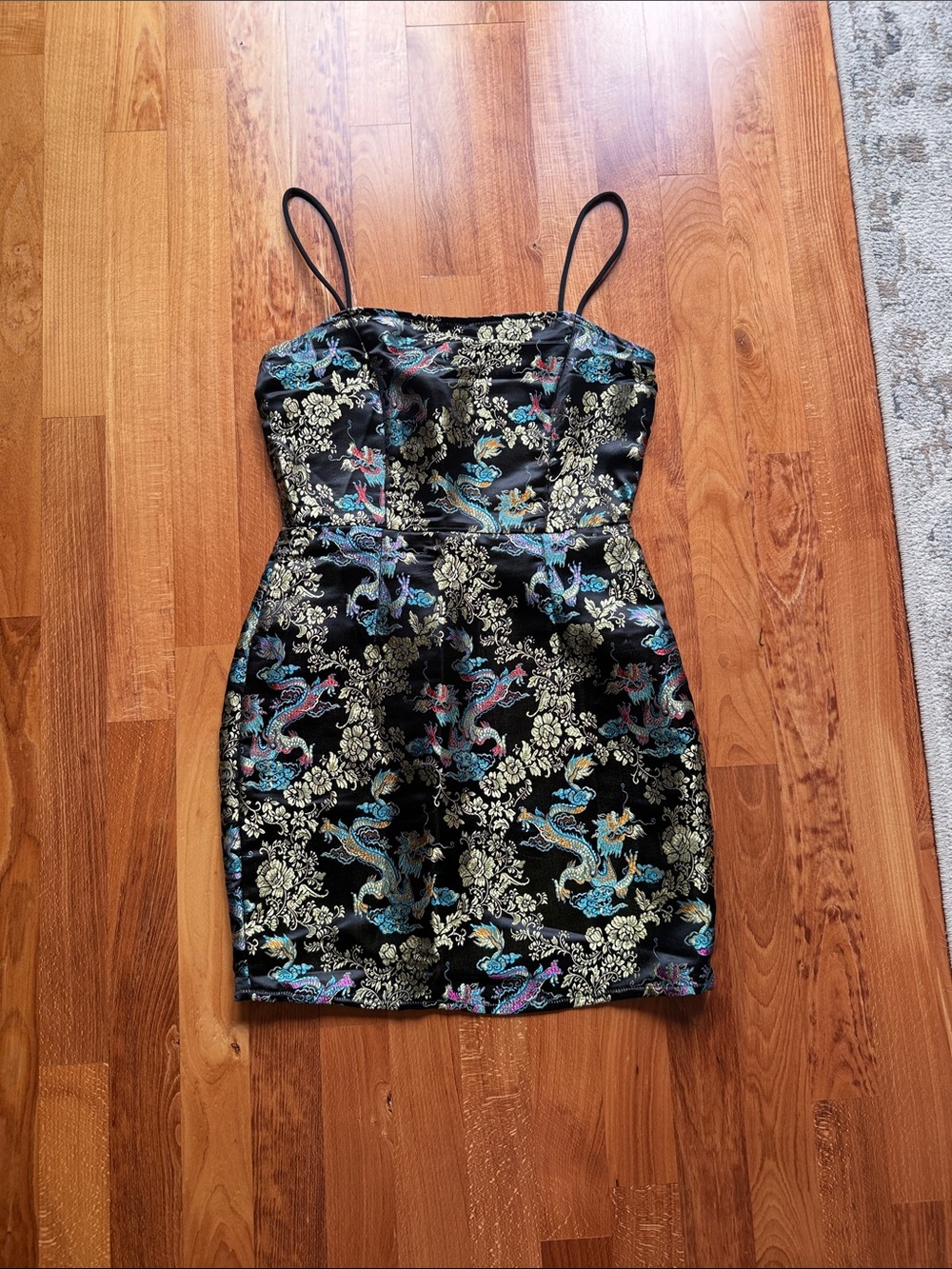SHEIN Black Satin Mini Dress with Multicolor Dragon & Floral Jacquard